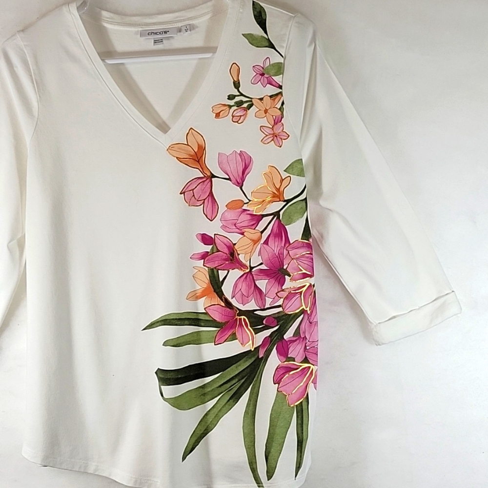 CHICO'S Floral 3/4 Sleeve Tee Size Chico's 1 - Picture 6 of 10